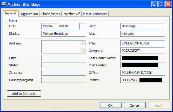 Microsoft address book entry